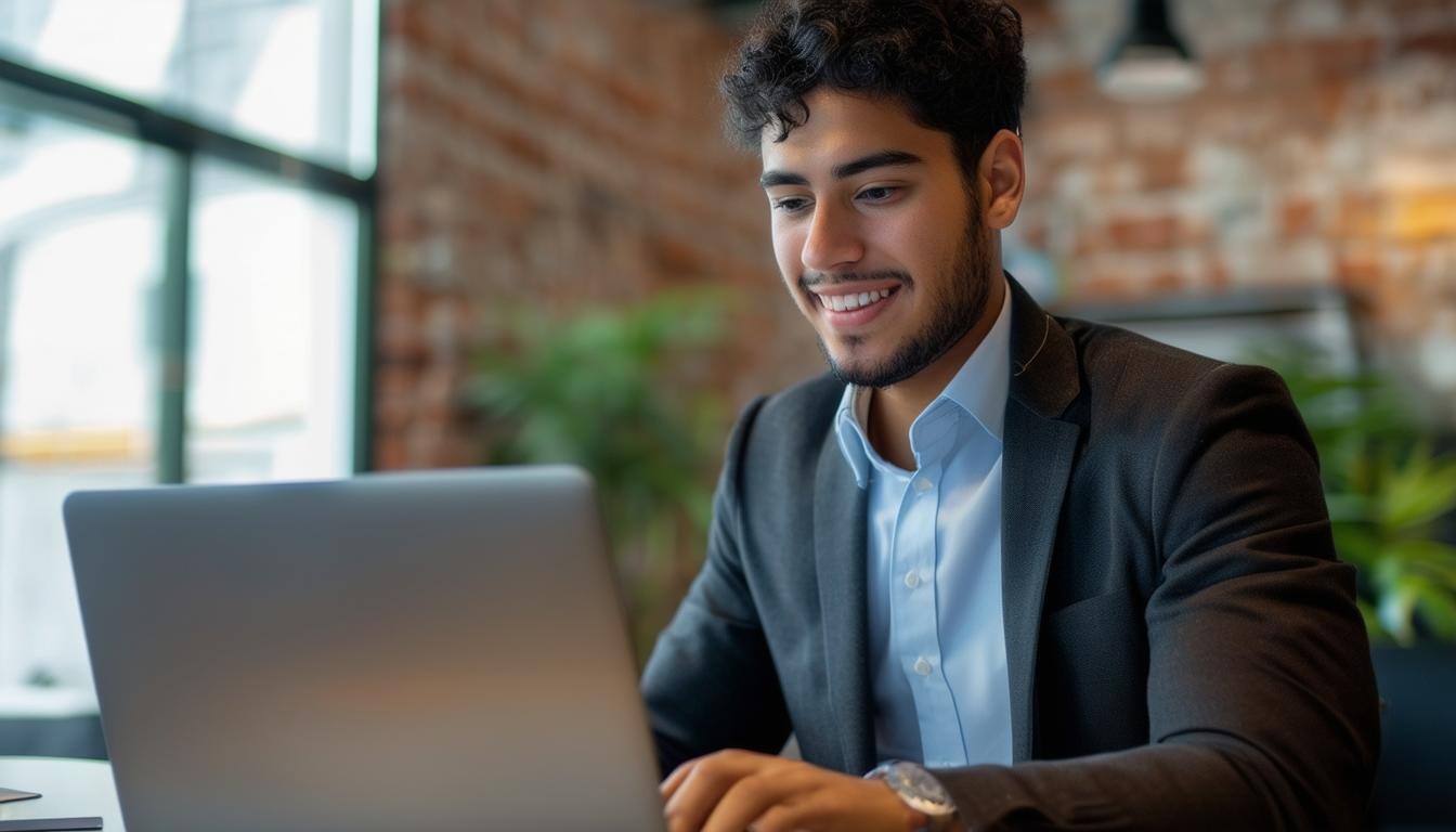 a young latin business owner working on a laptop in their office